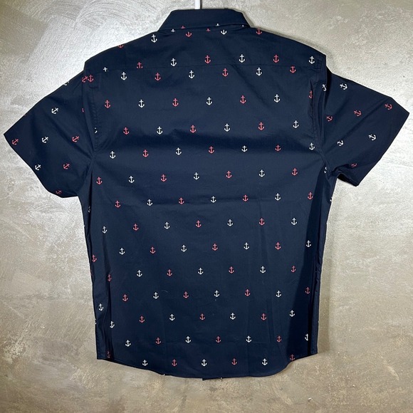 Nautica Navtech Mens M Anchor Print Short Sleeve Button Up Shirt Navy Brand New - Picture 10 of 10